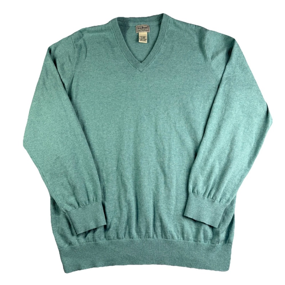 LL Bean Sweater Men's XL Green Cotton Cashmere Lt. Green V Neck Preppy Casual